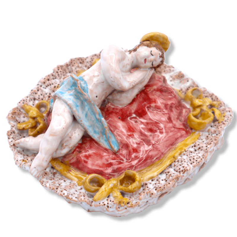 Baby Jesus on cushion, handmade in Sicilian ceramic - Measures approx. 12 x 13 cm. MRV mod - 