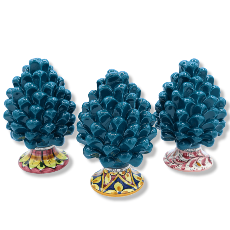 Sicilian ceramic pine cone from Caltagirone, teal color with decorated stem, random stem decoration - (1pc) h 15 cm appr