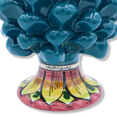 Sicilian ceramic pine cone from Caltagirone, teal color with decorated stem, random stem decoration - (1pc) h 15 cm appr
