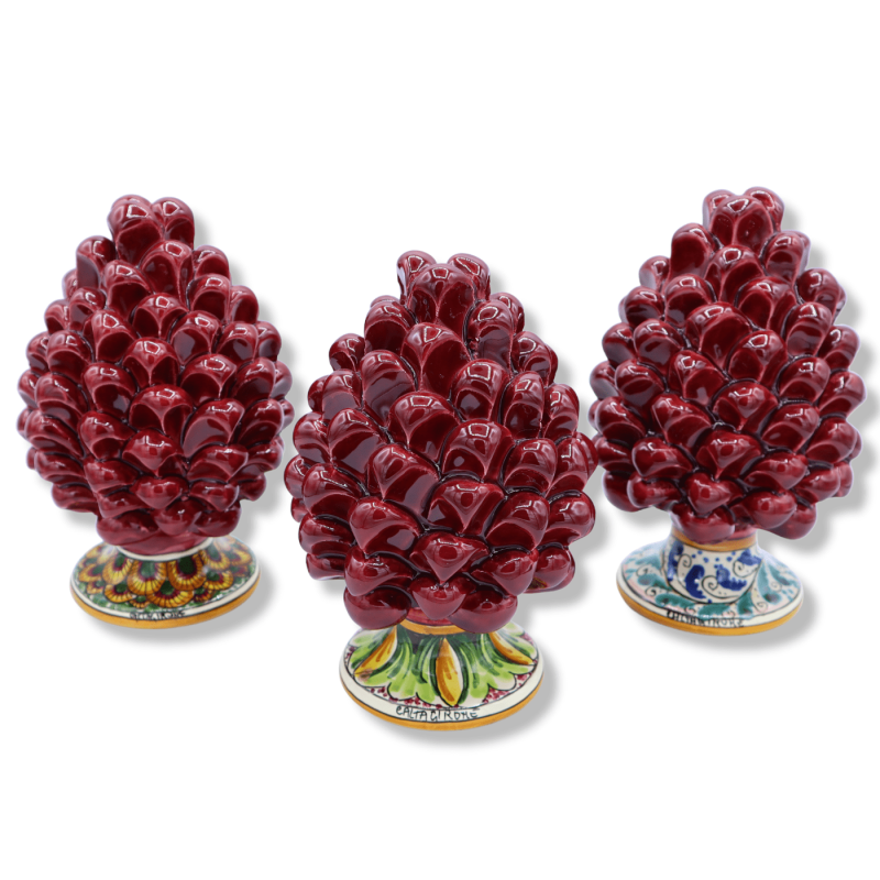 Sicilian ceramic pinecone from Caltagirone, Bordeaux color with decorated stem, random stem decoration - (1pc) h 15 cm a