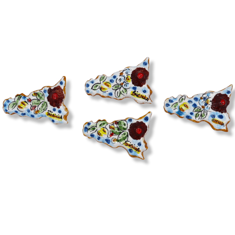 Caltagirone-Keramikmagnet in Form von Sizilien, zufällige Dekoration – ca. 9 cm x 6 cm. (1 Stück) Mod FL - 