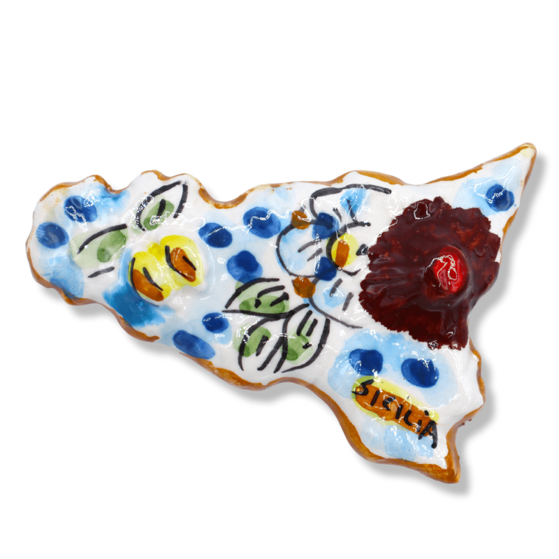 Calamita in ceramica di Caltagirone a forma di Sicilia, decoro selezionabile - - 