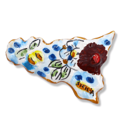 Calamita in ceramica di Caltagirone a forma di Sicilia, decoro selezionabile - - 