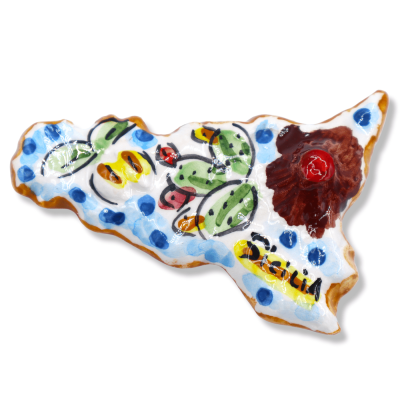 Aimant en céramique Caltagirone en forme de Sicile, décoration aléatoire - 9 cm x 6 cm environ. (1 pièce) Mod FL - 