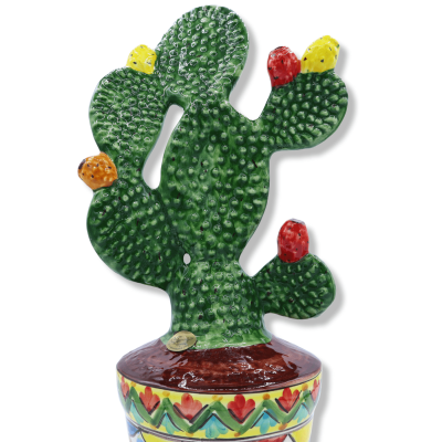 Vaso con pianta di ficodindia in Ceramica Siciliana, decoro carretto siciliano, h 36 x 15 cm ca. Mod PC - 
