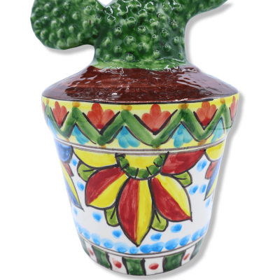 Vaso con pianta di ficodindia in Ceramica Siciliana, decoro carretto siciliano, h 36 x 15 cm ca. Mod PC - 
