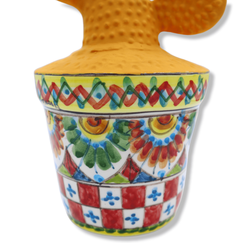 Vase à lames de figue de Barbarie orange en céramique sicilienne, décor de charrette sicilienne, h 36 x 15 cm environ. M 2