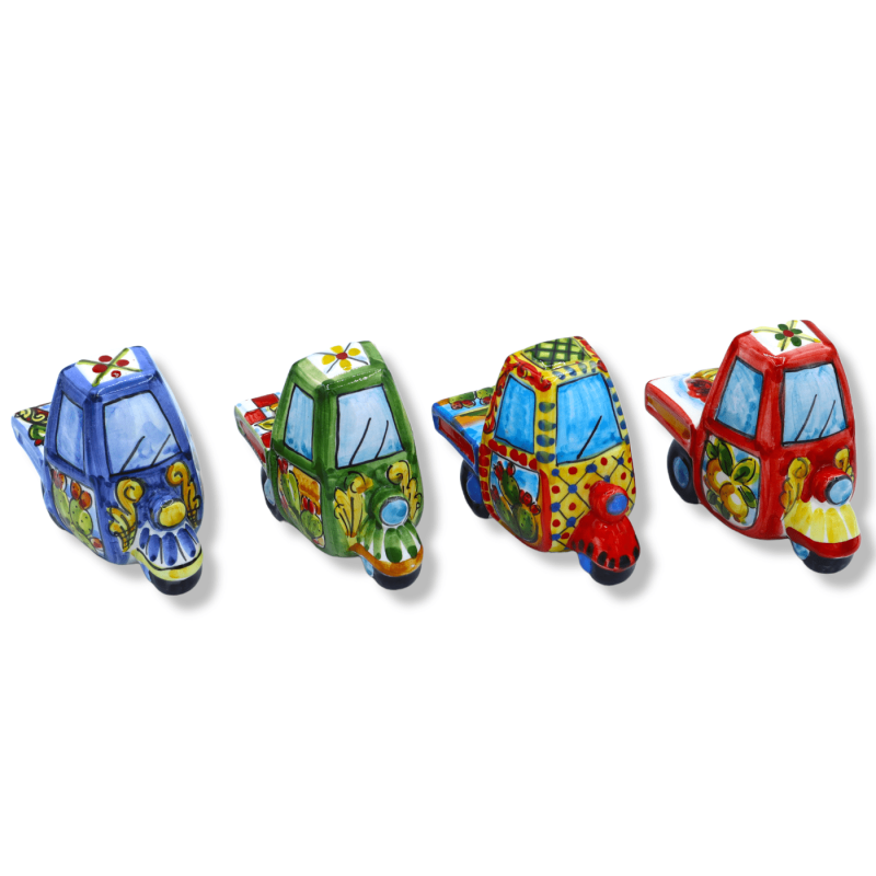 Caltagirone ceramic Ape motorbike, L 10 cm approx. (1 unit) random colour, Sicilian cart decoration - 