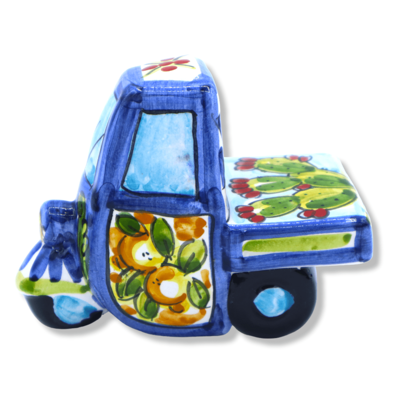 Moto Ape vehicle in Caltagirone ceramic, selectable color and Sicilian cart decoration - L 10 cm approx. (1pc) Mod CH - 