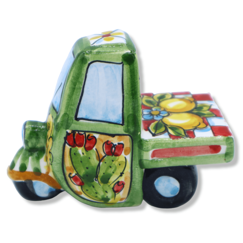 Caltagirone ceramic Ape motorbike, L 10 cm approx. (1 unit) random colour, Sicilian cart decoration - 