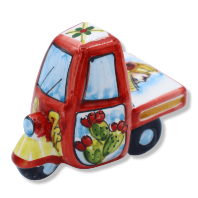 Caltagirone ceramic Ape motorbike, L 10 cm approx. (1 unit) random colour, Sicilian cart decoration - 