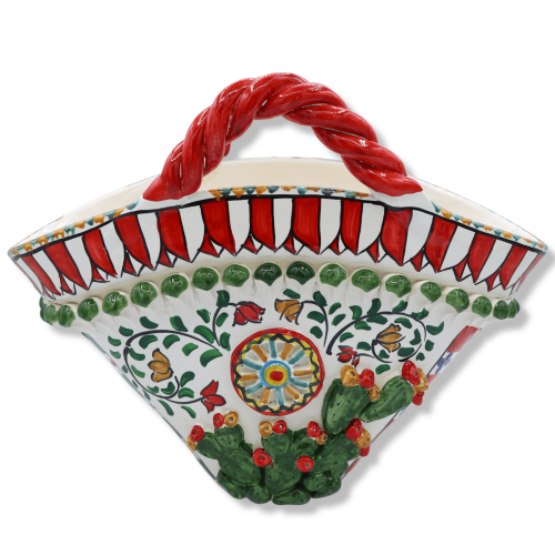 Nid de pie en céramique de Caltagirone avec applications de figue de Barbarie et roue de charrette sicilienne en relief,