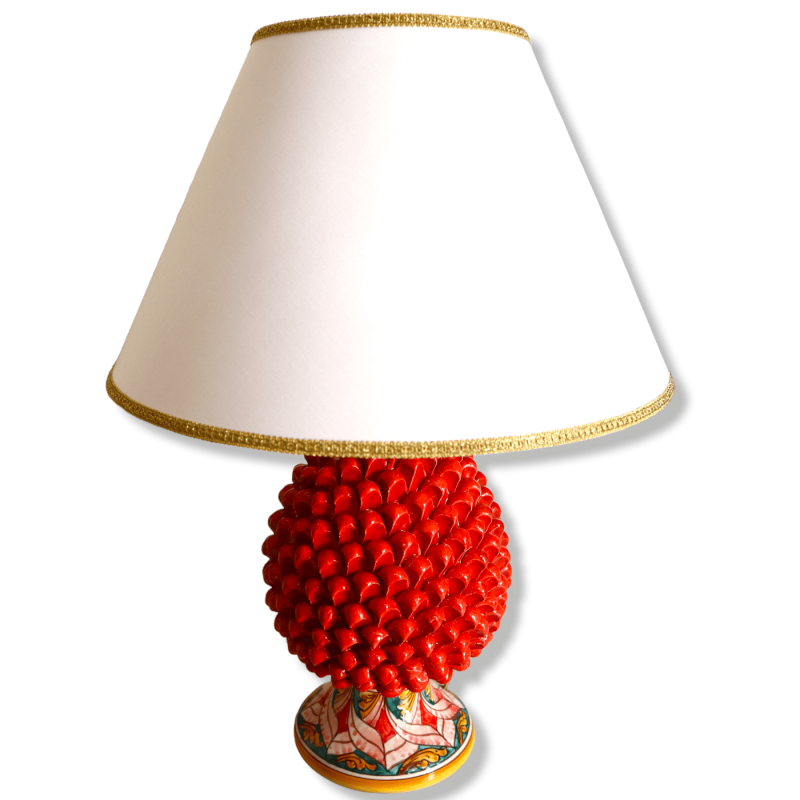 Lámpara Pigna en cerámica Caltagirone, Roja con pie con decoración barroca y geométrica, h 55 cm aprox. Mod TD - 