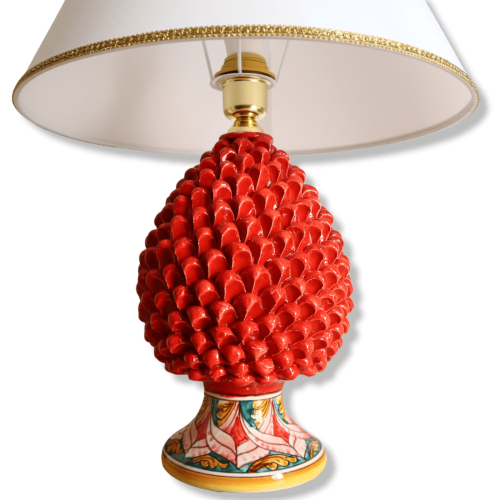 Pigna lamp in Caltagirone ceramic, Red with baroque and geometric decoration stem, h 55 cm approx. Mod TD -  2