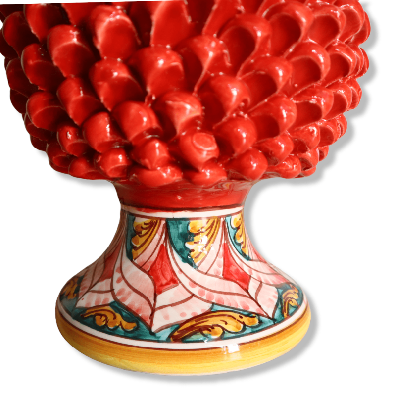 Lampe pomme de pin en céramique Caltagirone h environ 55 cm. Tige rouge à décor baroque et géométrique - 