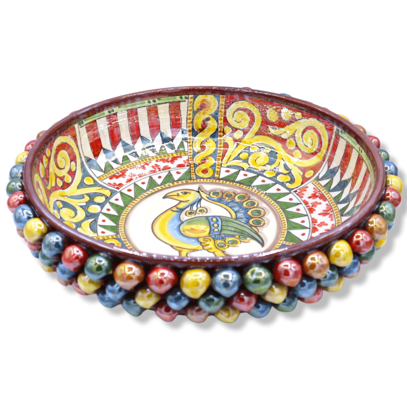 Centrotavola Pigna Multicolor Madreperla in ceramica Caltagirone, Ø 35 cm ca. decoro carretto siciliano con Pavone - 