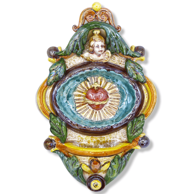 Caltagirone ceramic stoup finished in Pure Gold and Mother of Pearl with Sacred Heart decoration, h 25 cm x L15 cm appro