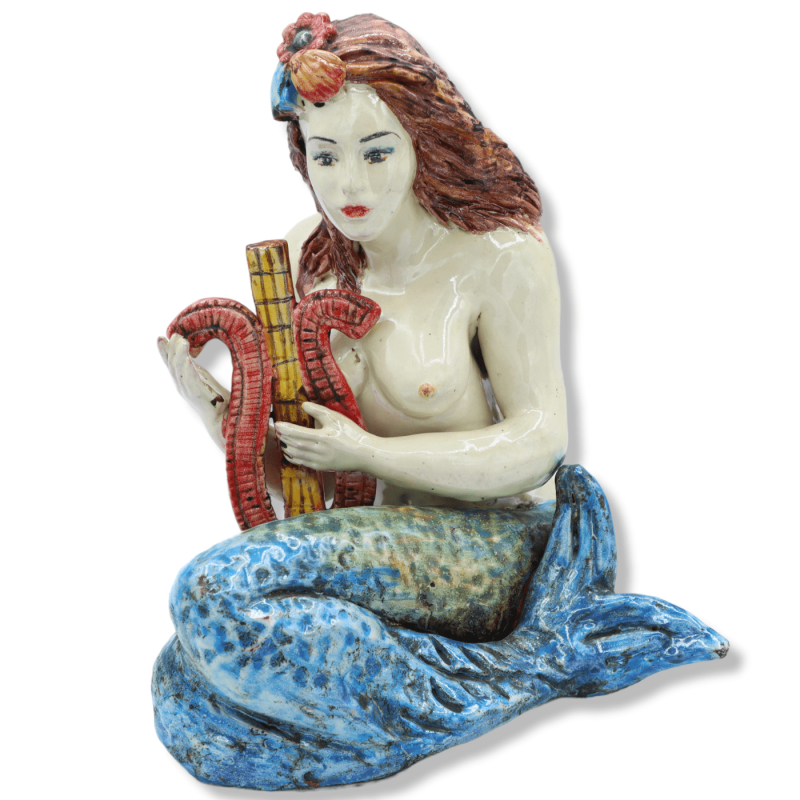 Sirena suonatrice di Cetra in ceramica di Caltagirone, h 22 cm e L 20 cm ca. Mod SCR - 