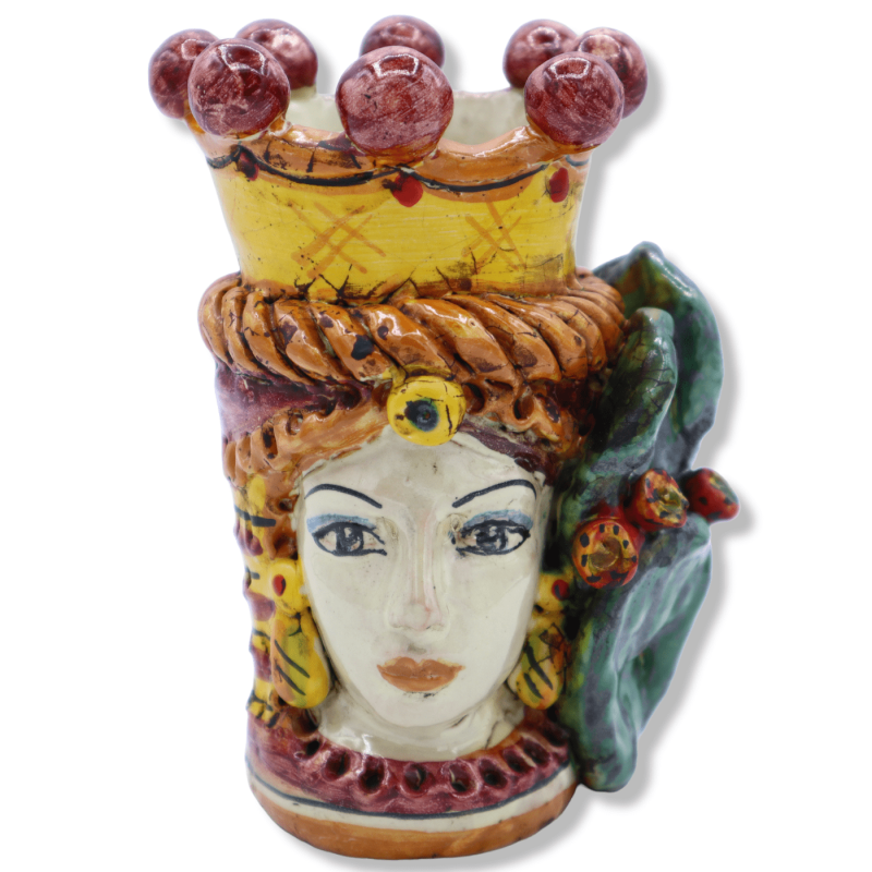 Giano Bifronte głowy z dwóch twarzy w ceramice Caltagirone, Korona, Palo de ficodindia, czarny człowiek - h 15 cm ca. Mo