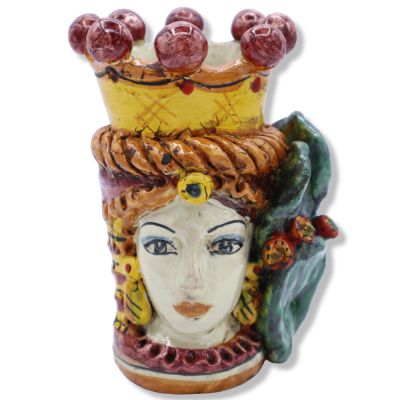 Bifronte huvud med två keramiska ansikten Caltagirone, Corona, Palo di ficodindia, svart man - h 15 cm ca. Mod SCR - 