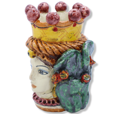 Bifronte huvud med två keramiska ansikten Caltagirone, Corona, Palo di ficodindia, svart man - h 15 cm ca. Mod SCR - 