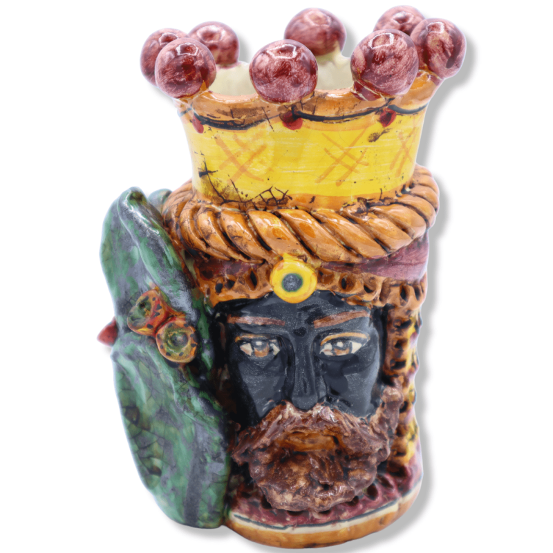 Giano Bifronte głowy z dwóch twarzy w ceramice Caltagirone, Korona, Palo de ficodindia, czarny człowiek - h 15 cm ca. Mo