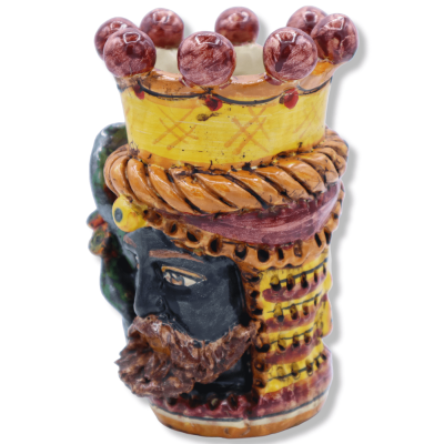 Bifronte huvud med två keramiska ansikten Caltagirone, Corona, Palo di ficodindia, svart man - h 15 cm ca. Mod SCR - 