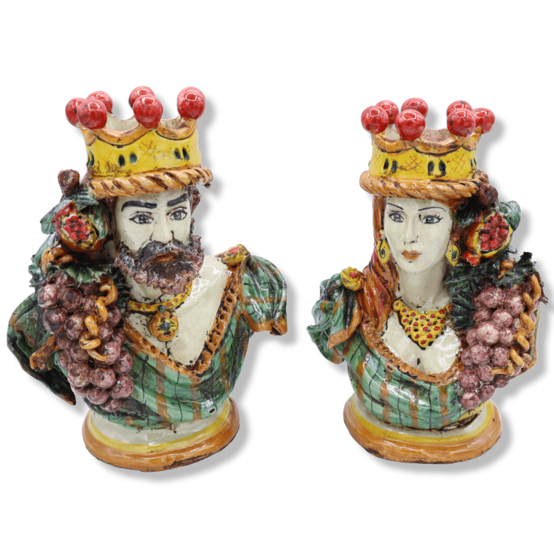 Coppia di Busti in ceramica Caltagirone con Corona, Uva e Melograno, h 23 / 25 cm ca. - 