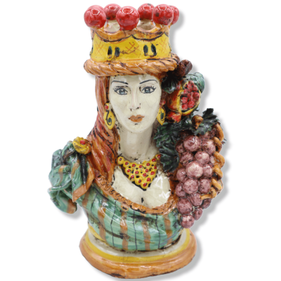 Par av Caltagirone keramiska byster med Corona, Uva & granatäpple, h 23/25 cm ca. Mod SCR - 
