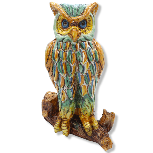 Owl på gren i Ceramica di Caltagirone, dekorerad med apelsin och grön plumage, h 30 cm ca. Mod SCR - 