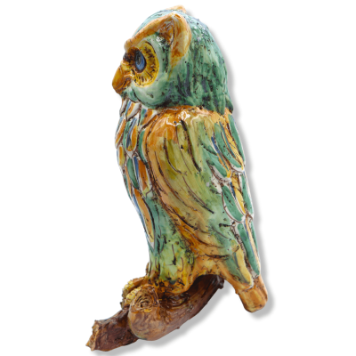 Owl på gren i Ceramica di Caltagirone, dekorerad med apelsin och grön plumage, h 30 cm ca. Mod SCR - 
