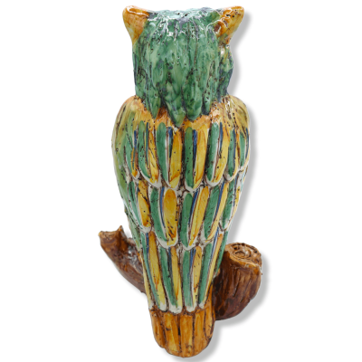 Gufo su ramo in Ceramica di Caltagirone, decorato con piumaggio arancione & verde, h 30 cm ca. Mod SCR - 