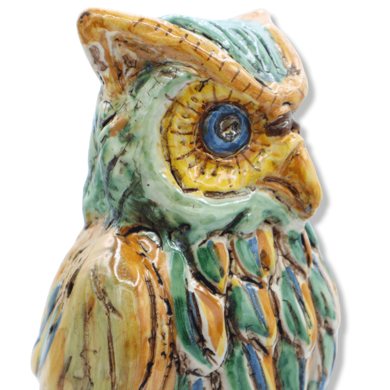 Gufo su ramo in Ceramica di Caltagirone, decorato con piumaggio arancione & verde, h 30 cm ca. Mod SCR - 