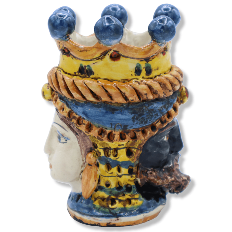 Giano Bifronte testa con due volti in ceramica Caltagirone, Corona, melograno e limoni, uomo nero - h 15 cm ca. - 