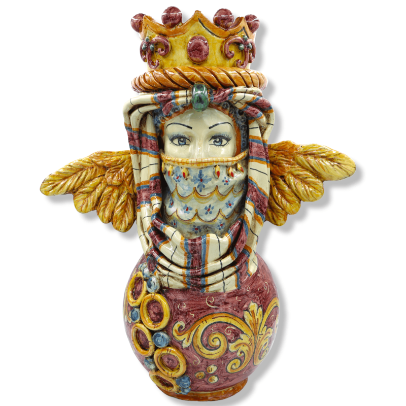Keramisk kvinna huvud Caltagirone, med krona, turban och vingar på burgundig bakgrund - h 45 cm x 38 cm ca. Mod SCR - 