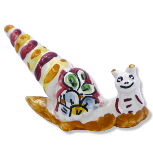 Caracol de cerâmica Caltagirone com concha, decorações e cores variadas, altura 5 cm x C 8 cm aprox. mod FL - 