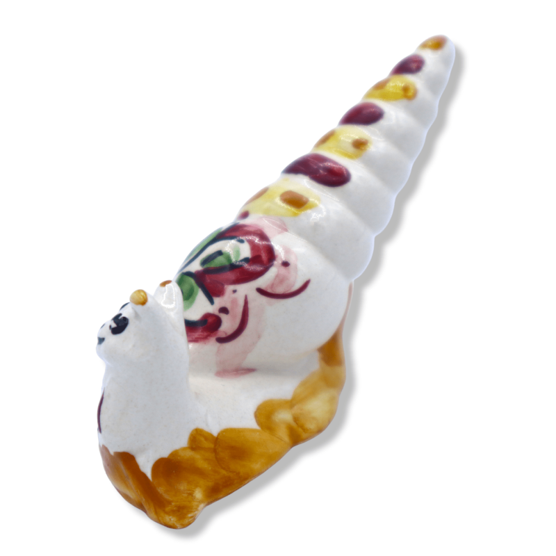 Caracol de cerâmica Caltagirone com concha, decorações e cores variadas, altura 5 cm x C 8 cm aprox. mod FL - 