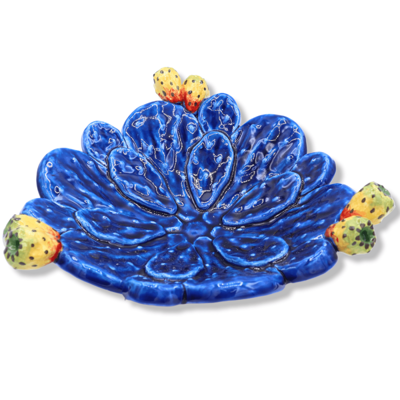 Centre de table avec figue de Barbarie pâle en céramique sicilienne faite à la main, fond bleu et deux tailles disponibl