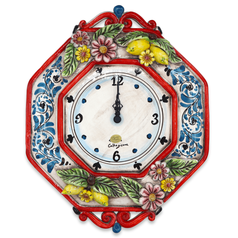 Horloge en céramique Caltagirone - h environ 40 cm Complet avec engrenage, décor XVIIème, applications citronniers - 