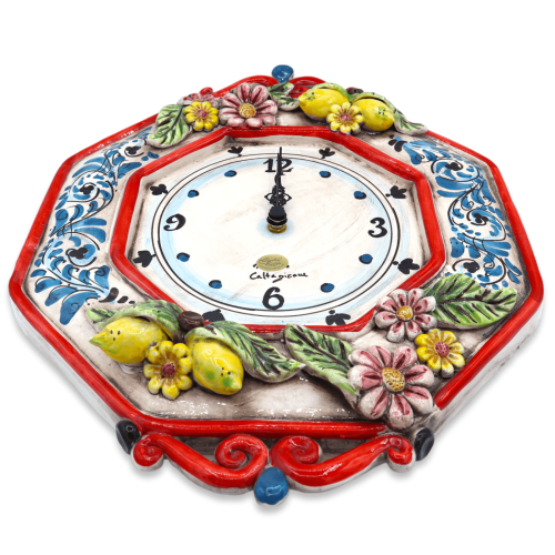 Orologio in ceramica Caltagirone - h 43 cm ca. Completo di Ingranaggio, decoro '600, applicazioni limoni -  2