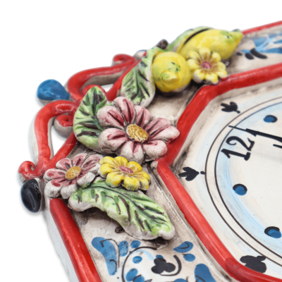 Caltagirone ceramic clock, 17th century decoration and applications of lemons & flowers, h 40 cm approx. RP mod - 