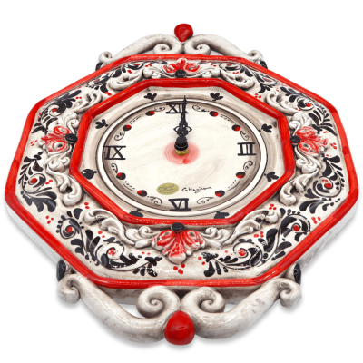 Caltagirone ceramic clock, red with black 17th century decoration and Baroque applications, h 43 cm approx. RP mod - 