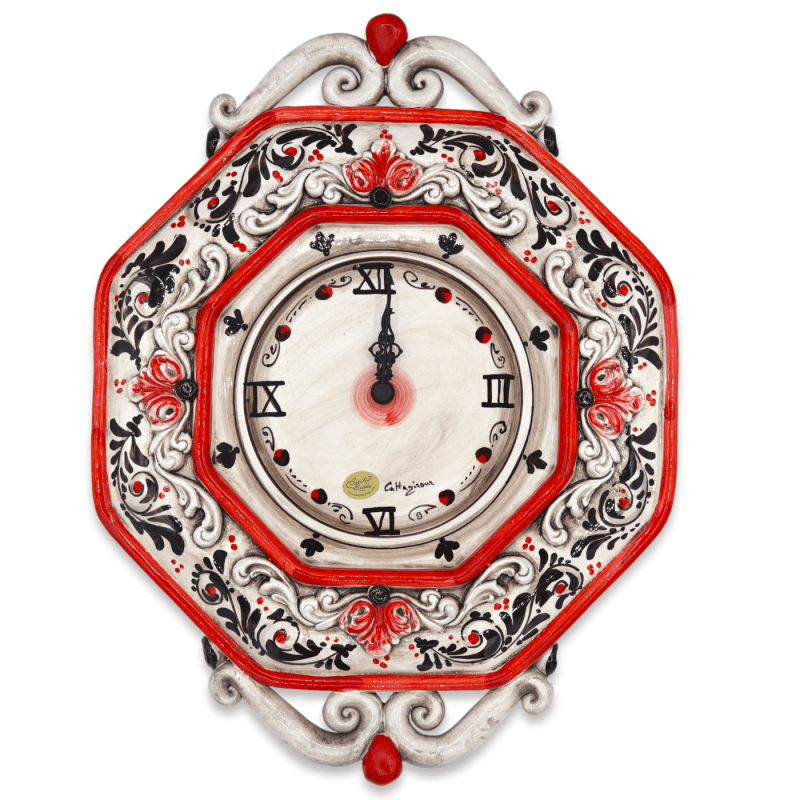 Caltagirone ceramic clock, red with black 17th century decoration and Baroque applications, h 43 cm approx. RP mod - 