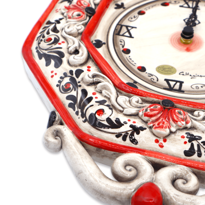 Caltagirone ceramic clock, red with black 17th century decoration and Baroque applications, h 43 cm approx. RP mod - 
