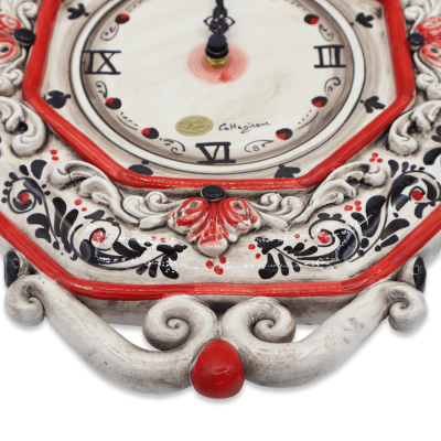 Caltagirone ceramic clock, red with black 17th century decoration and Baroque applications, h 43 cm approx. RP mod - 