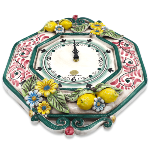 Orologio in ceramica Caltagirone - h 43 cm ca. Completo di Ingranaggio, barocco verde e '600, applicazioni limoni -  2