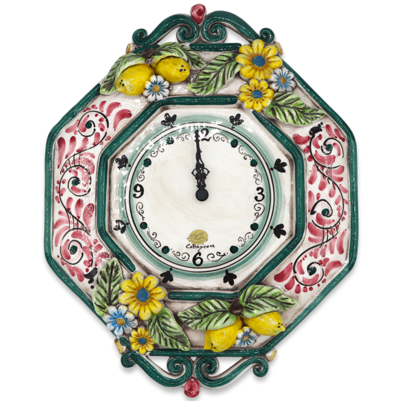 Caltagirone ceramic clock, green 17th century decoration and lemons & flowers applications, h 43 cm approx. RP mod - 