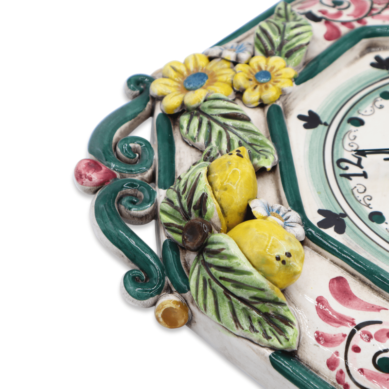 Relógio de cerâmica Caltagirone - h 43 cm aprox. Completo com Ingranaggio, verde barroco e do século XVII, aplicações de