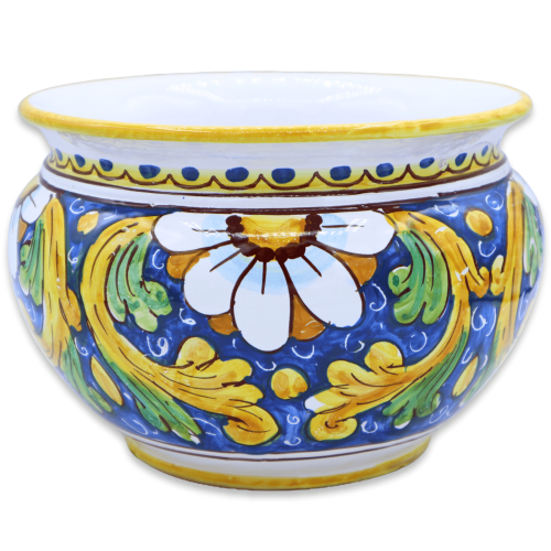 Cachepot Maceta para plantas en cerámica Caltagirone, decoración barroca y flor sobre fondo azul, disponible en varios t