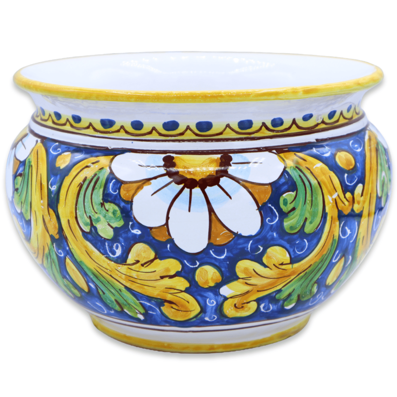 Cachepot Maceta para plantas en cerámica Caltagirone, decoración barroca y flor sobre fondo azul, disponible en varios t